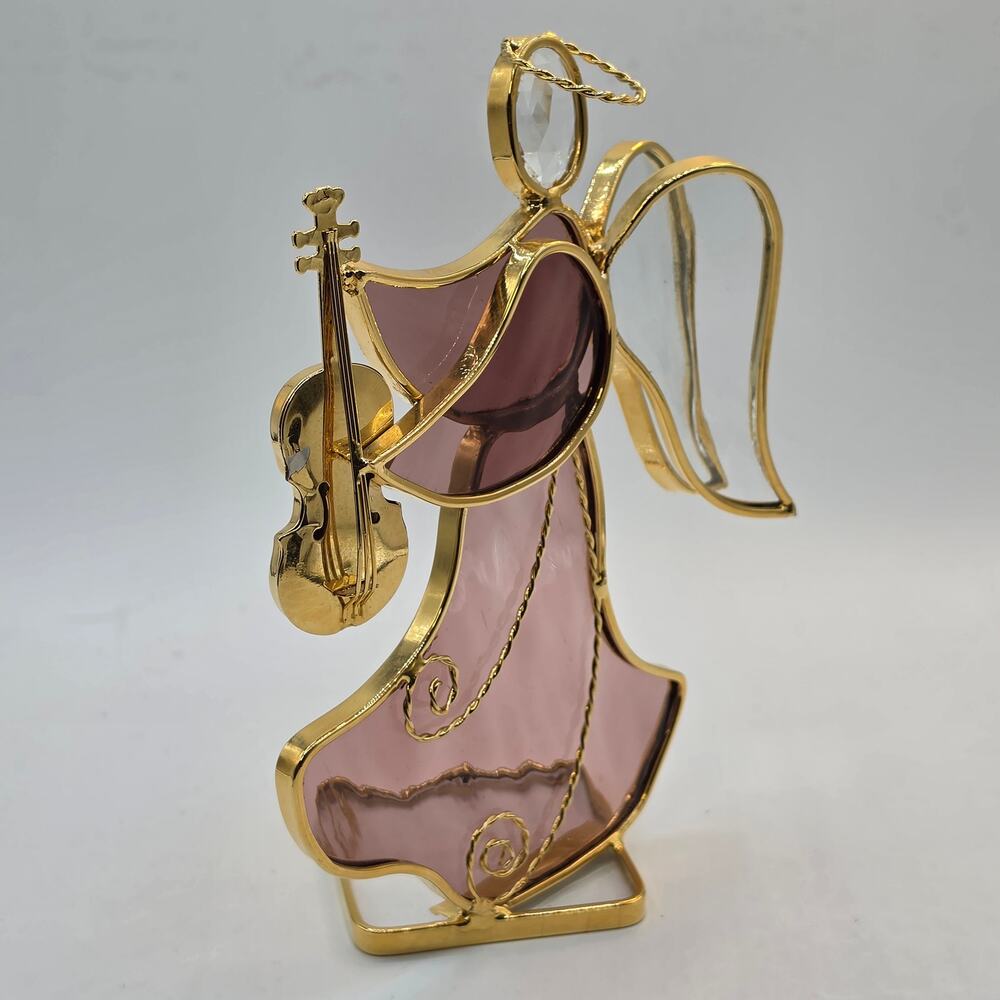 Pink Stained Glass Angel Playing Violin Figurine Gold Tone Suncatcher Vtg READ